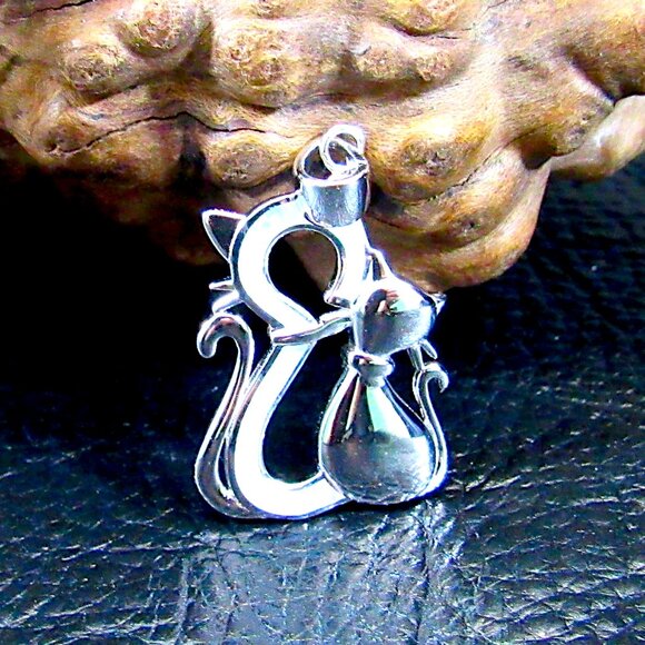 Solid 925 Sterling Silver and Lab Created Blue or White Opal Twin Cats Pendant - Picture 4 of 10